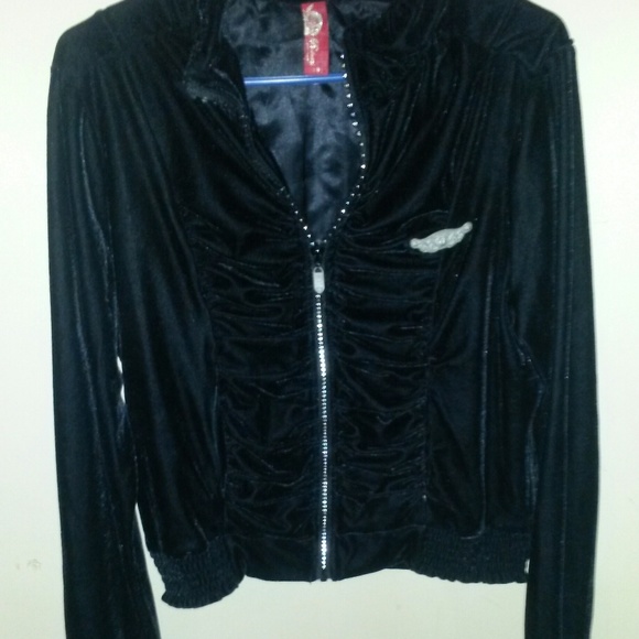 APPLE BOTTOM BLACK TRACK JACKET W/ BLING ZIP SZ.L - Picture 2 of 4